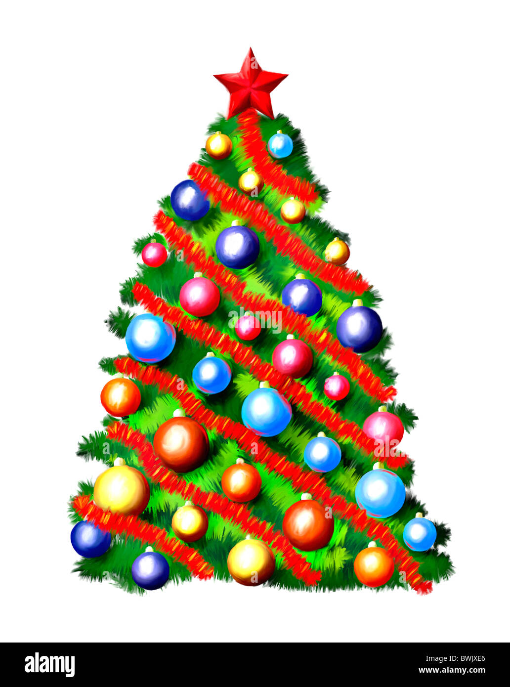 Bunte Weihnachtsbaum Illustration mit Ölgemälde aussehen. Isoliert auf weißem Hintergrund. Stockfoto