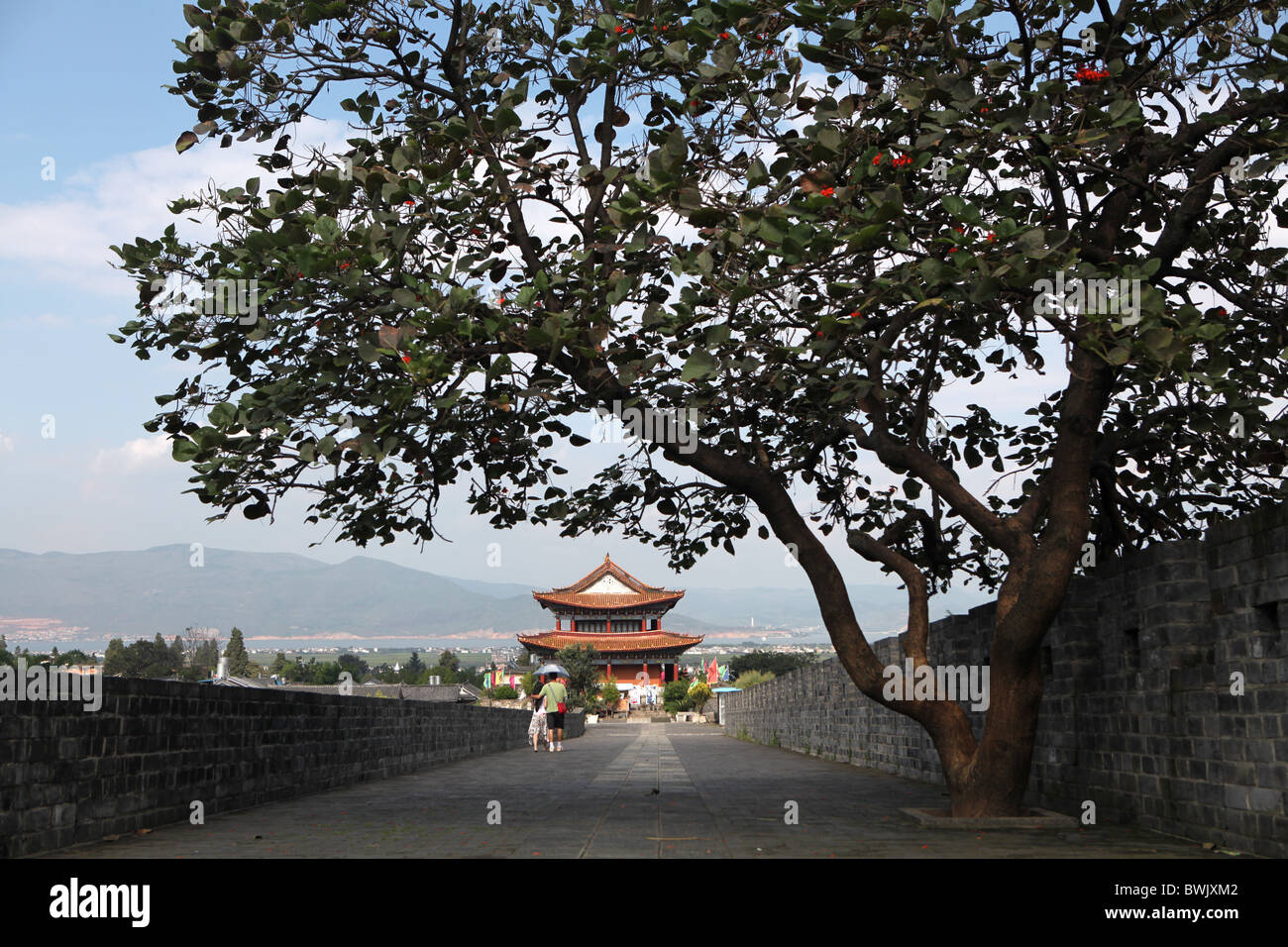 Blick Richtung Osttor aus der Mauer um die antike Stadt Dali, Provinz Yunnan, China. Stockfoto