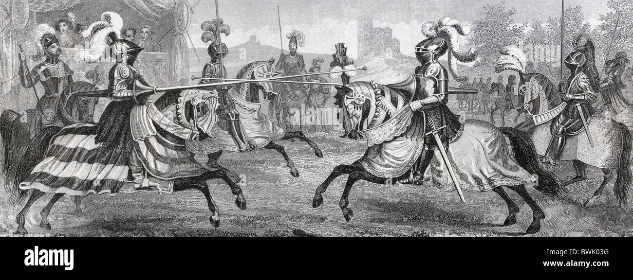 Zwei montiert Ritter in voller Rüstung Ritter in einem mittelalterlichen Turnier. Stockfoto