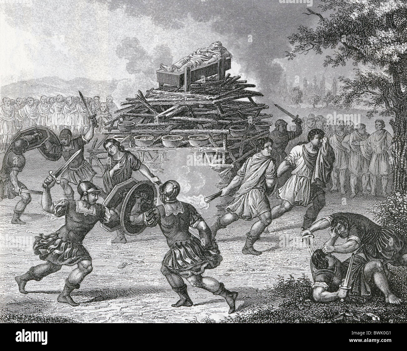 Gladiatoren kämpfen während der Beerdigung Spiele im alten Rom. Stockfoto