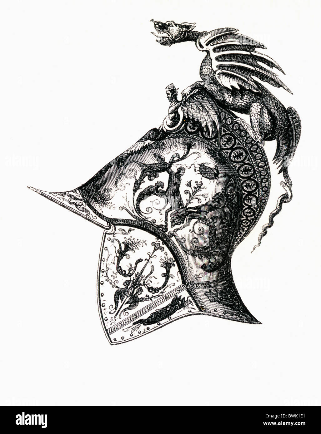 Tauschiertechnik Helm des Königs Francis I von Frankreich von Filippo Negrolo von Mailand. Stockfoto