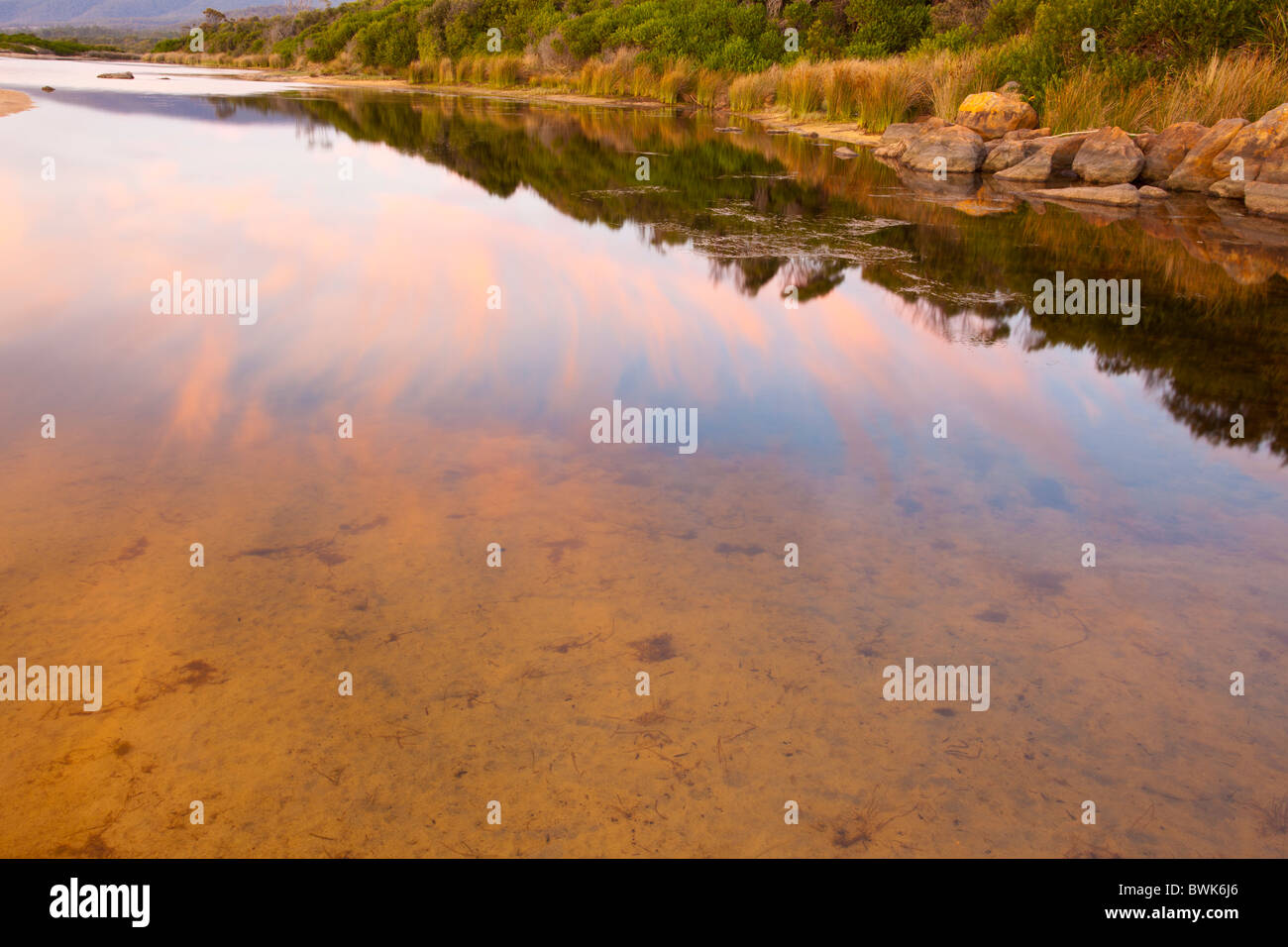 Am frühen Morgen Reflexionen in der Lagune bei Lagunen Strand, Kette von Lagunen nördlich von Bicheno an der Ostküste Tasmaniens Stockfoto