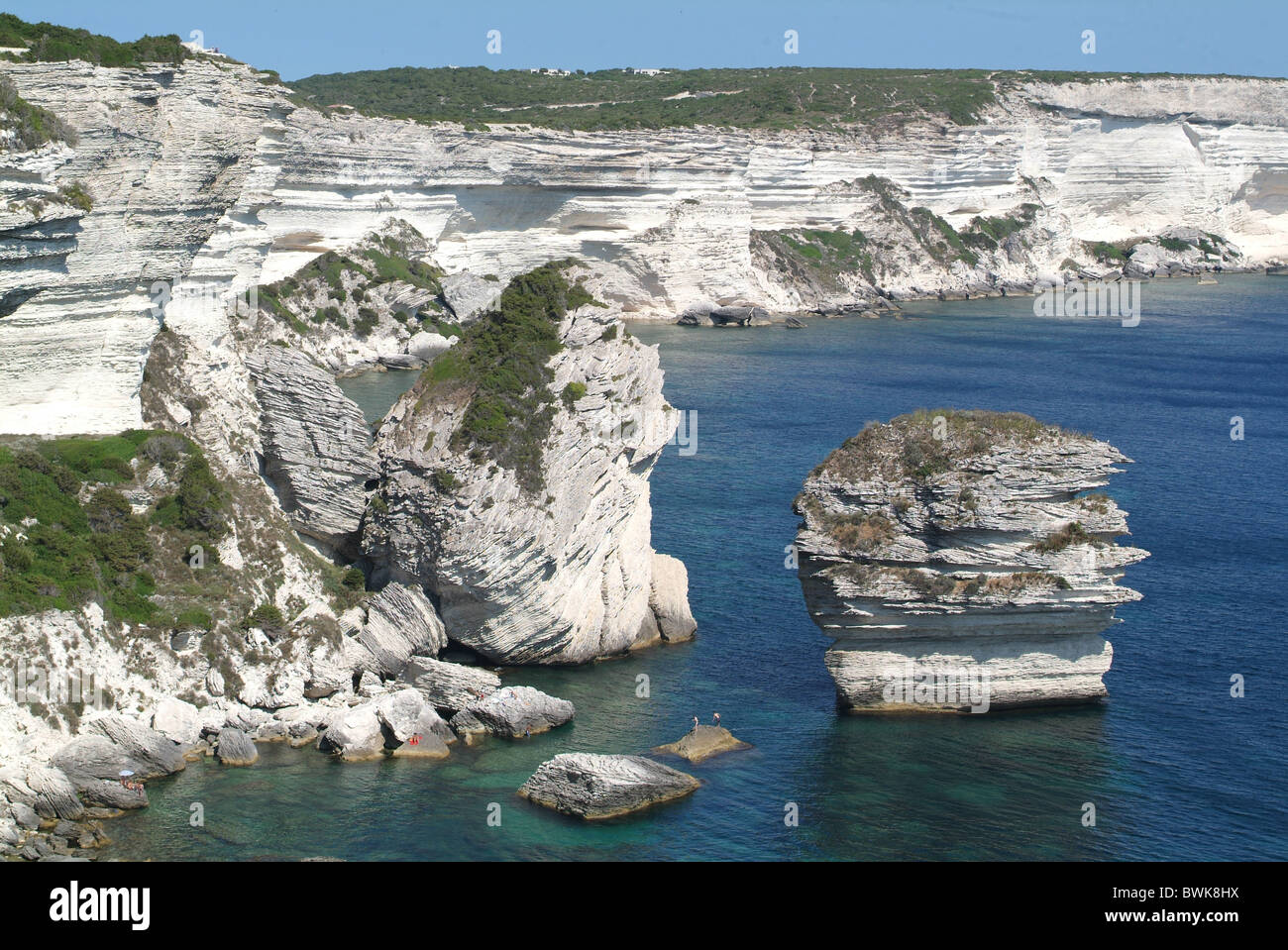 Landschaft-Landschaft Korsika Le Grain de Sable in der Nähe von Bonifacio Küste Klippen weißen Kalk Felsen Felsen Erosion zwei- Stockfoto