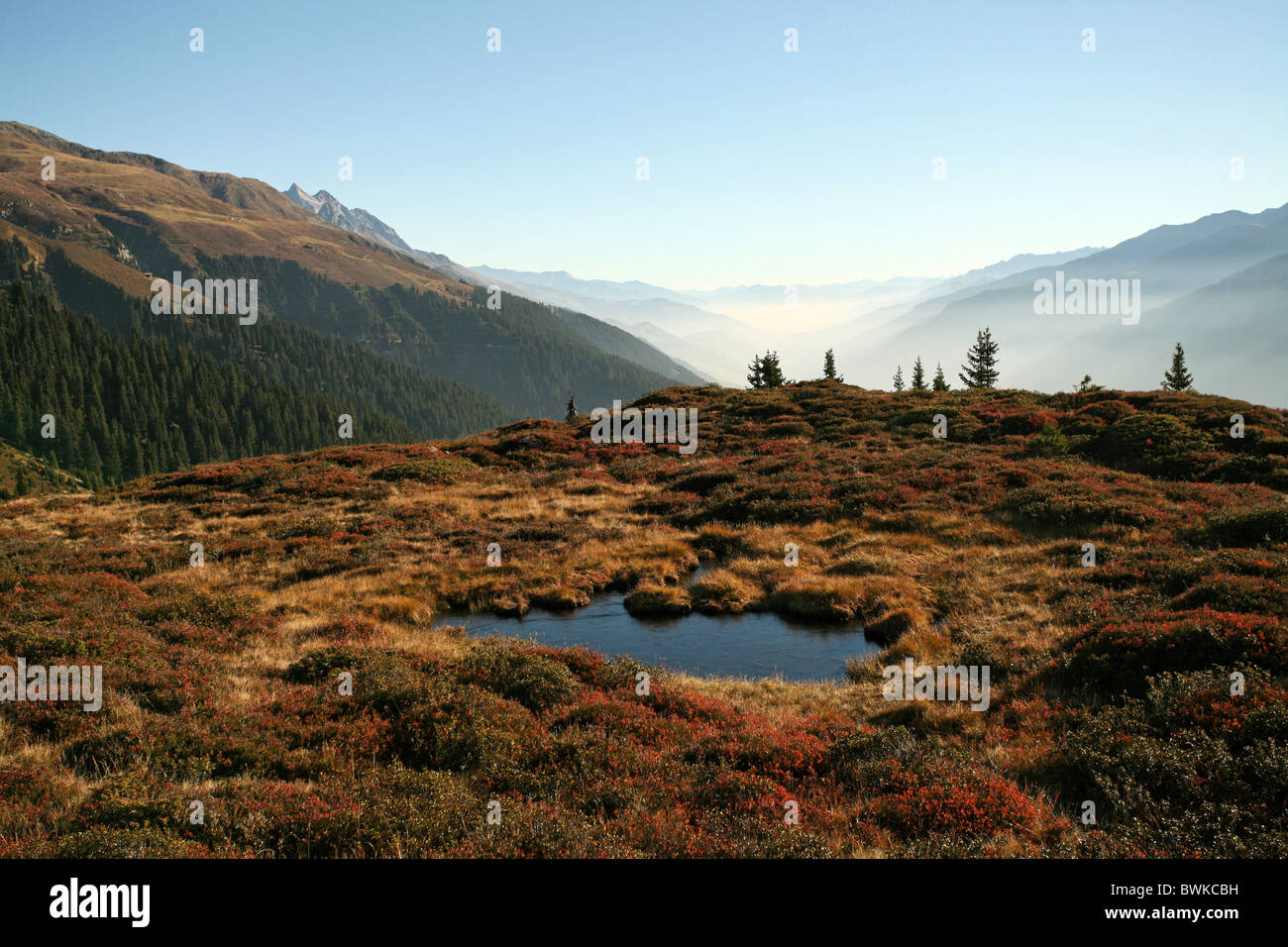 Berge Landschaft Landschaft Alpen Berge hochrangige Moor Pool Pfütze Moorsee Surselva Tal Rauchen fo Stockfoto