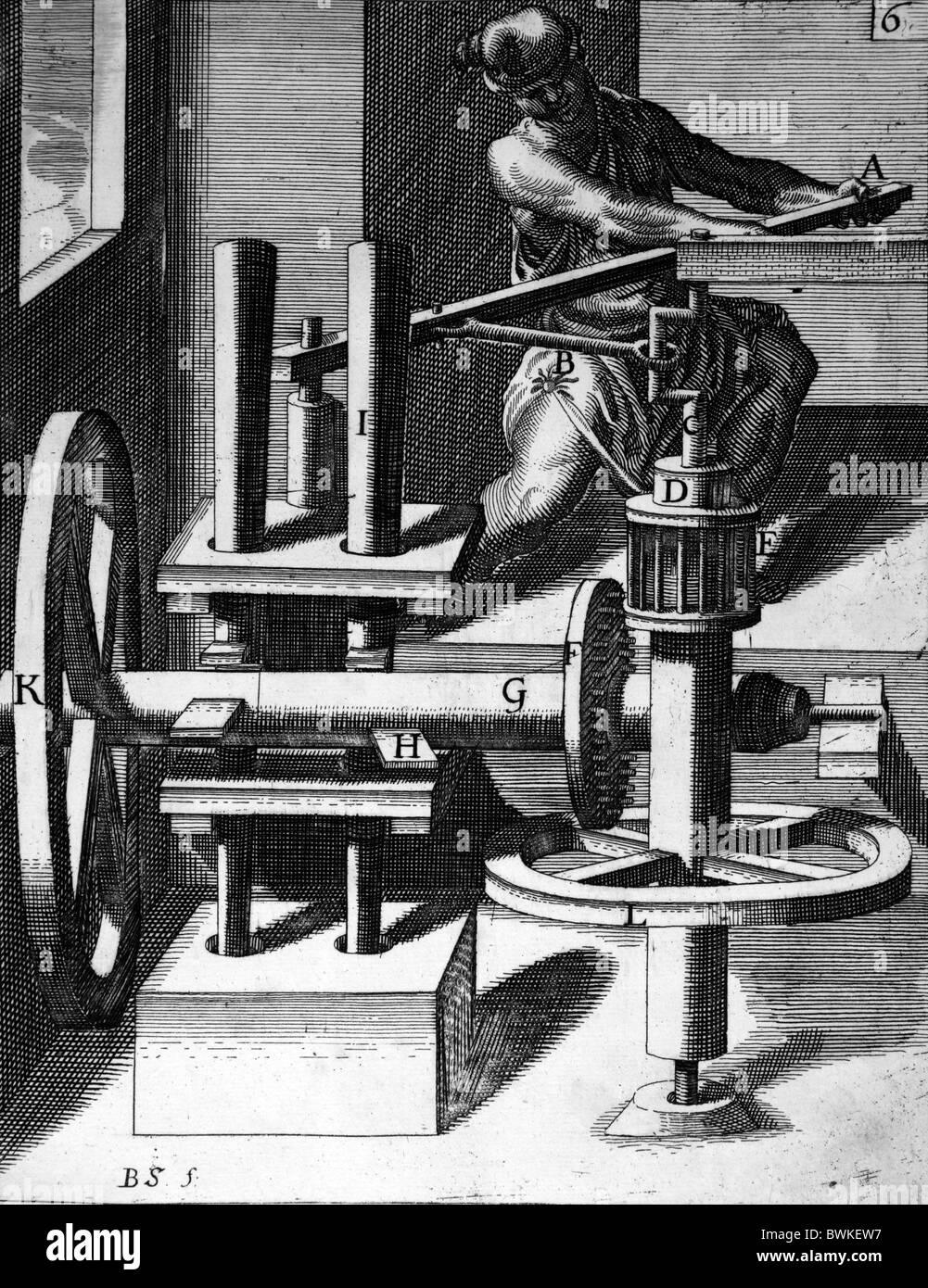 Illustration von Theatrum Machinarum Novum 1661 durch Georg Andreas Böckler; Eine handbetriebene Fräsmaschine Stockfoto