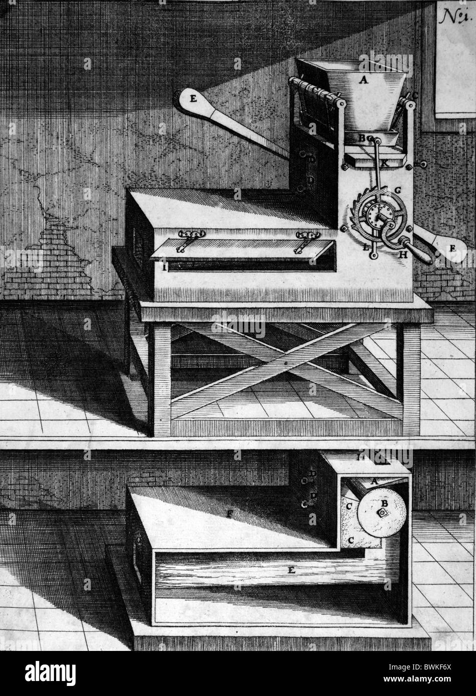 Illustration von Theatrum Machinarum Novum 1661 durch Georg Andreas Böckler; Eine handbetriebene Fräsmaschine Stockfoto