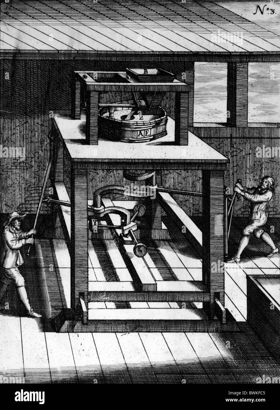 Illustration von Theatrum Machinarum Novum 1661 durch Georg Andreas Böckler; Eine handbetriebene Fräsmaschine Stockfoto