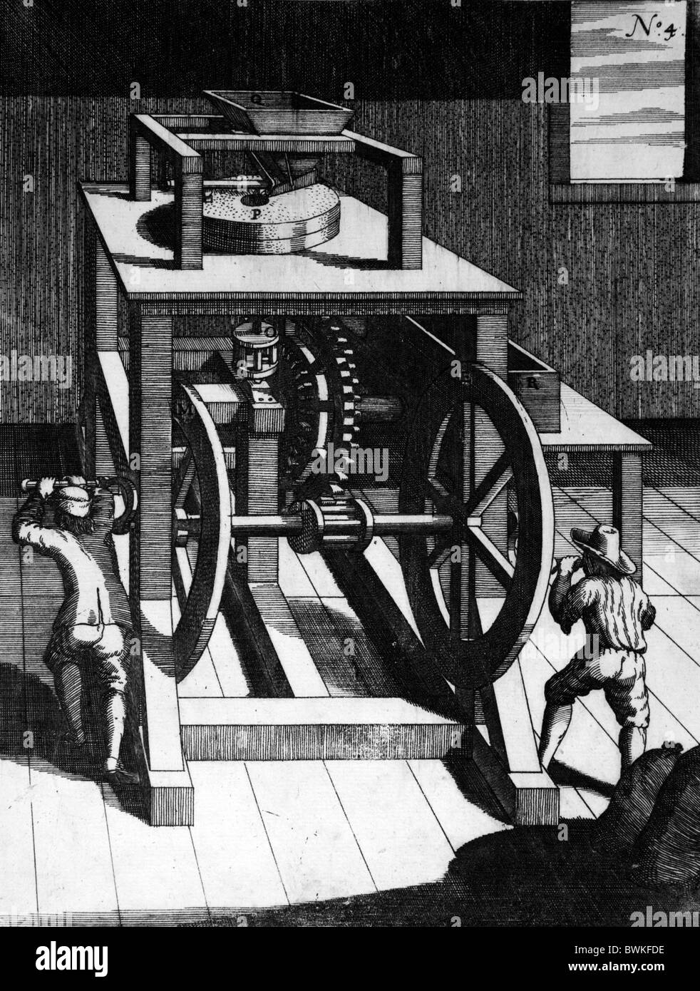 Illustration von Theatrum Machinarum Novum 1661 durch Georg Andreas Böckler; Eine handbetriebene Fräsmaschine Stockfoto