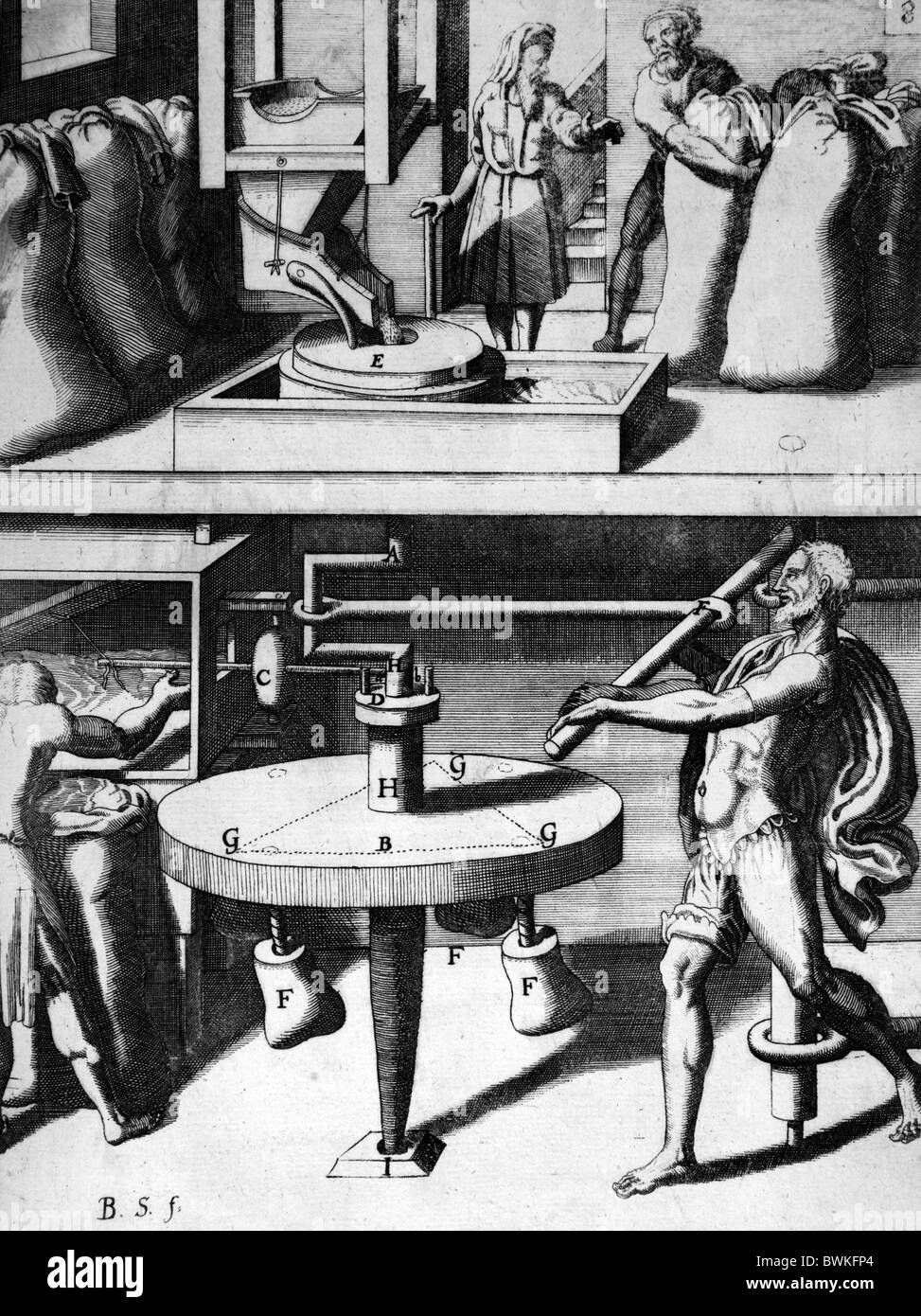 Illustration von Theatrum Machinarum Novum 1661 durch Georg Andreas Böckler; Eine handbetriebene Fräsmaschine Stockfoto