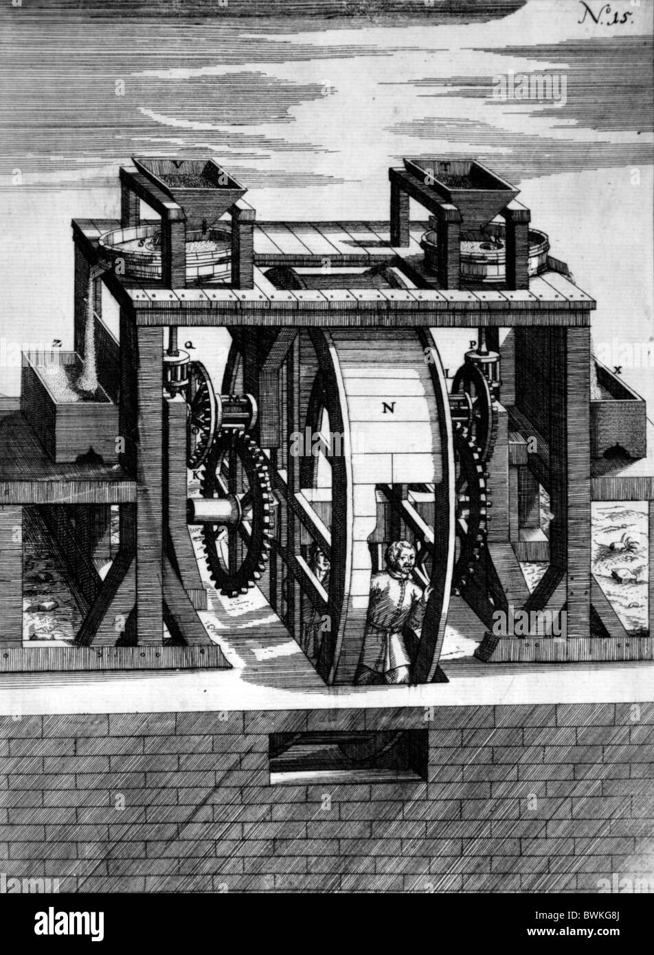 Illustration von Theatrum Machinarum Novum 1661 durch Georg Andreas Böckler; Eine menschliche angetriebene Fräsmaschine Stockfoto