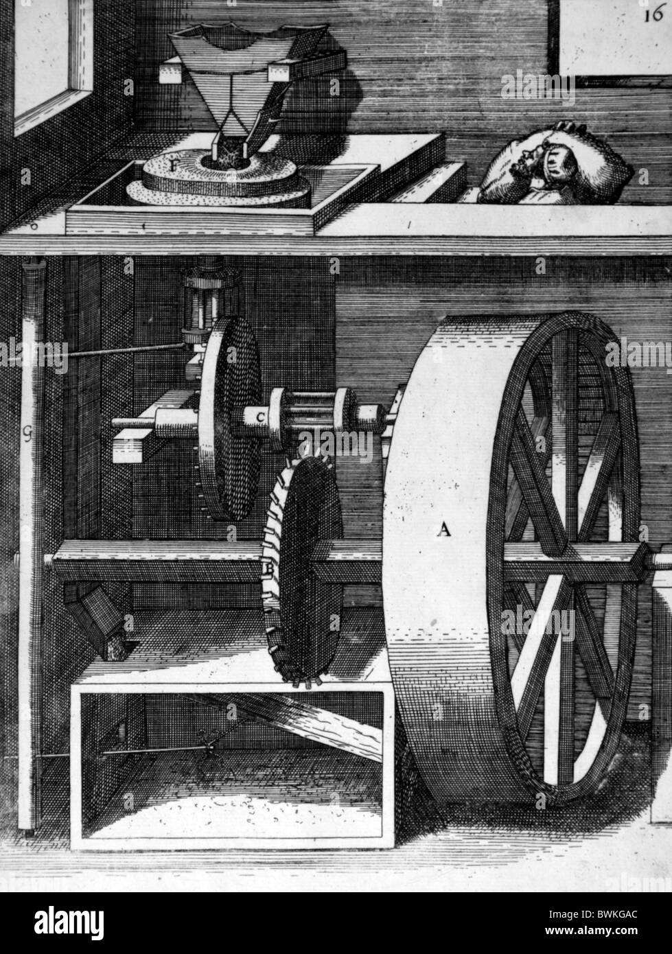 Illustration von Theatrum Machinarum Novum 1661 durch Georg Andreas Böckler; Eine menschliche angetriebene Fräsmaschine Stockfoto