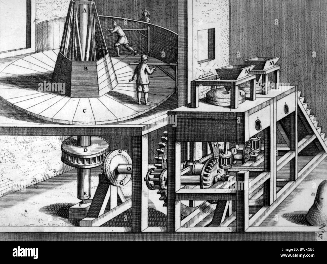 Illustration von Theatrum Machinarum Novum 1661 durch Georg Andreas Böckler; Eine menschliche angetriebene Fräsmaschine Stockfoto