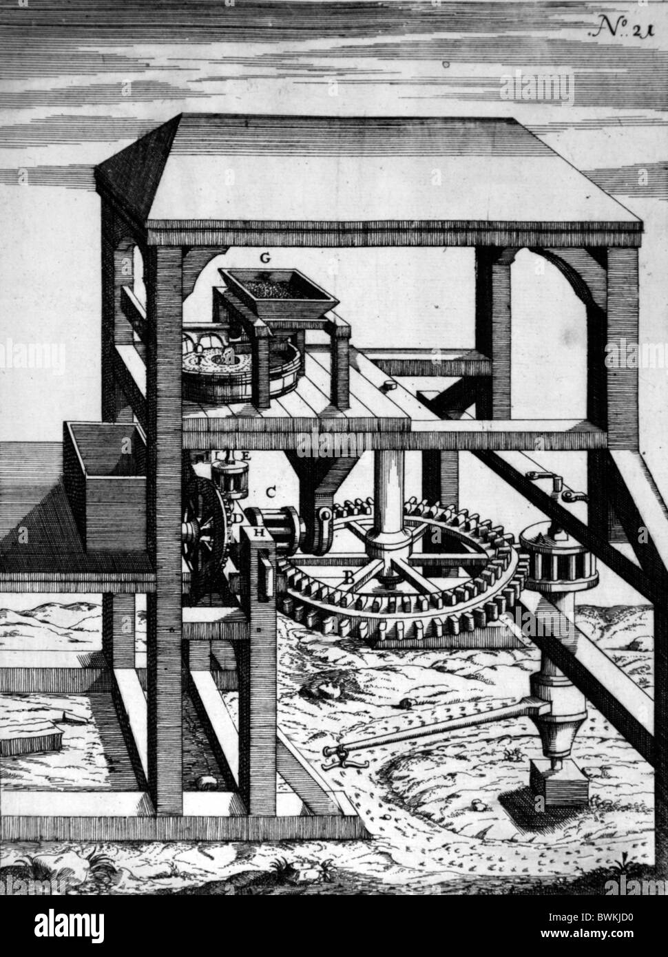 Illustration von Theatrum Machinarum Novum 1661 durch Georg Andreas Böckler; Ein Pferd angetrieben Fräsmaschine; Stockfoto