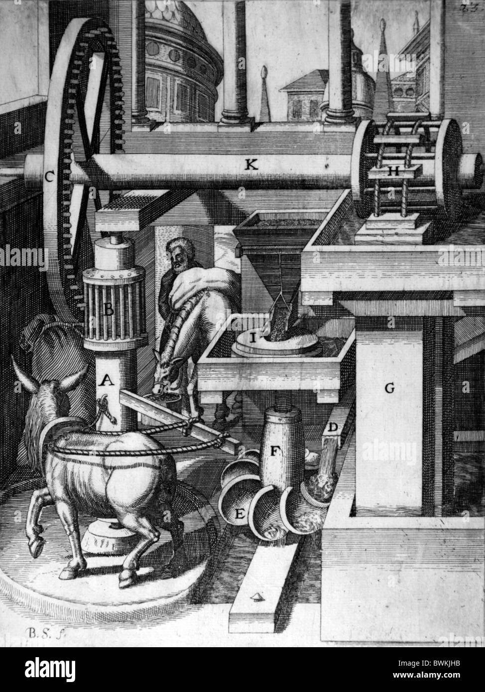 Illustration von Theatrum Machinarum Novum 1661 durch Georg Andreas Böckler; Ein Pferd angetrieben Fräsmaschine; Stockfoto