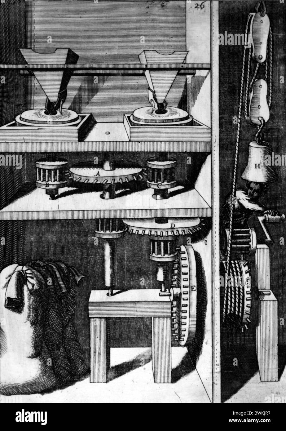 Illustration von Theatrum Machinarum Novum 1661 durch Georg Andreas Böckler; Eine handbetriebene Fräsmaschine Stockfoto