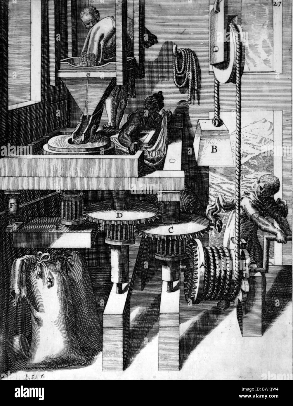 Illustration von Theatrum Machinarum Novum 1661 durch Georg Andreas Böckler; Eine handbetriebene Fräsmaschine Stockfoto