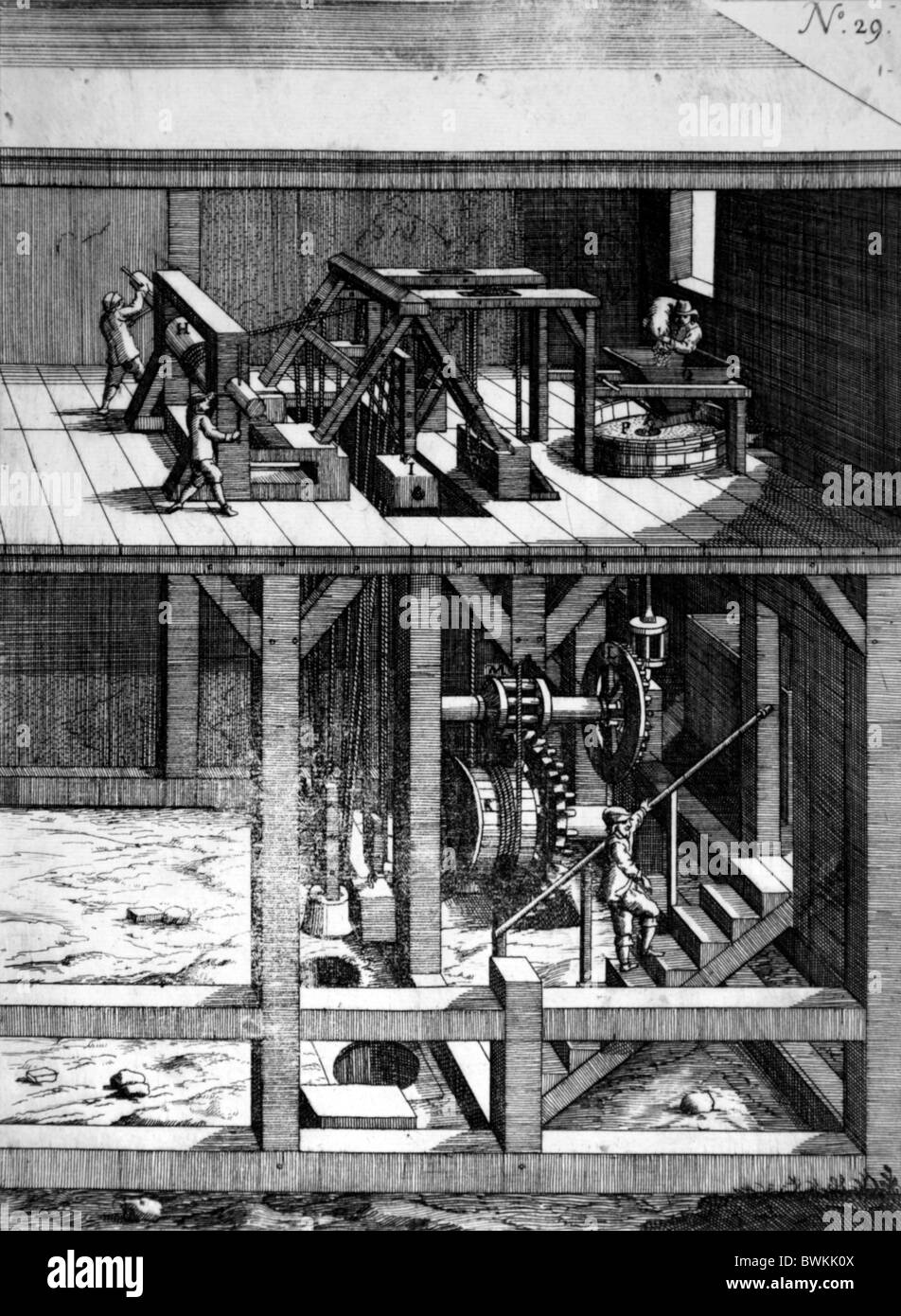 Illustration von Theatrum Machinarum Novum 1661 durch Georg Andreas Böckler; Eine Fräsmaschine, angetrieben durch lange Drop-Gewichte Stockfoto