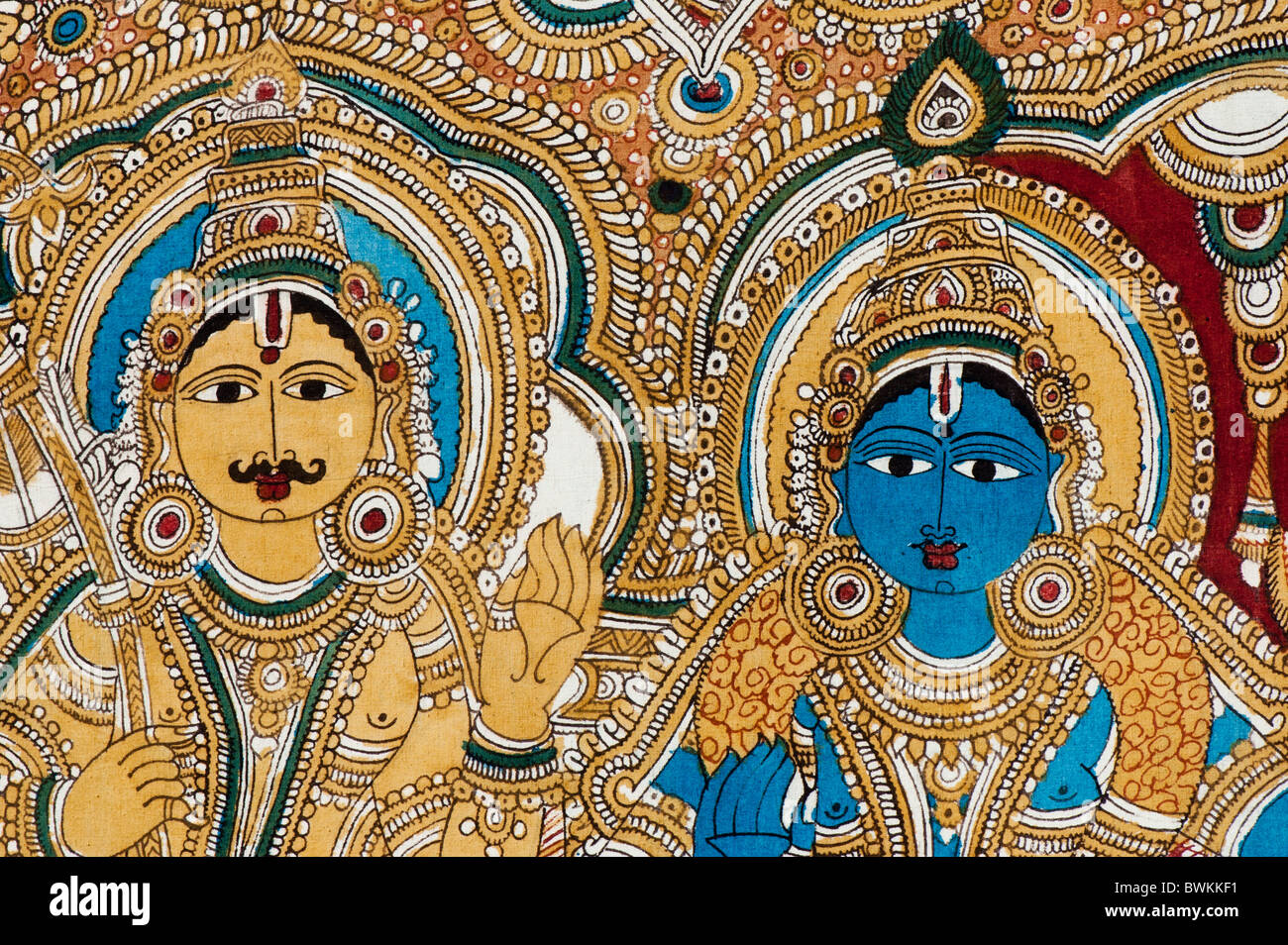 Traditionelle indische Textilien Malerei der hinduistischen Gottheiten, Rama und Sita. Indien Stockfoto