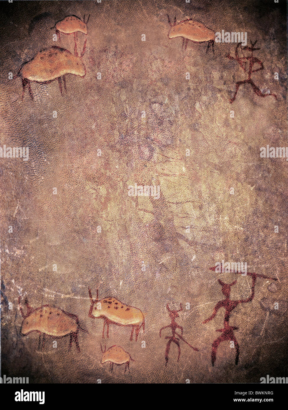 prähistorische Farbe mit Jägern und Tiere Stockfoto