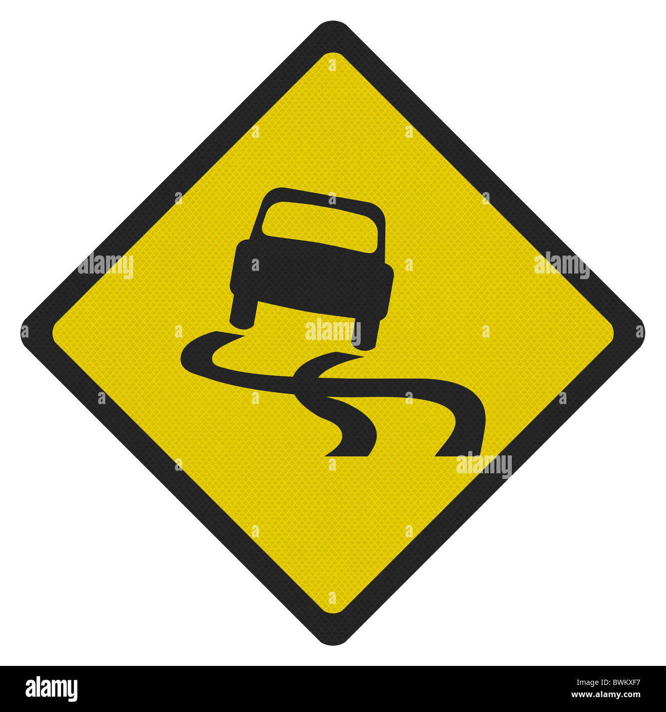 Foto realistische metallisch reflektierenden "rutschig" Straßenschild, isoliert auf reinweiß Stockfoto