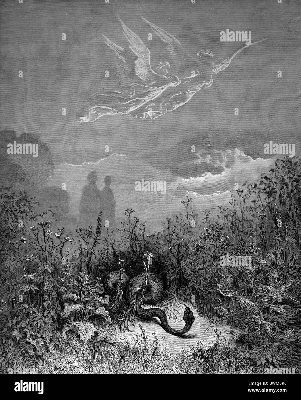 Gustave Doré; Schwarz und weiß aus Dante Aghlieri Gravur Devine Comedy; Dante und Vergil im Tal Freude Stockfoto
