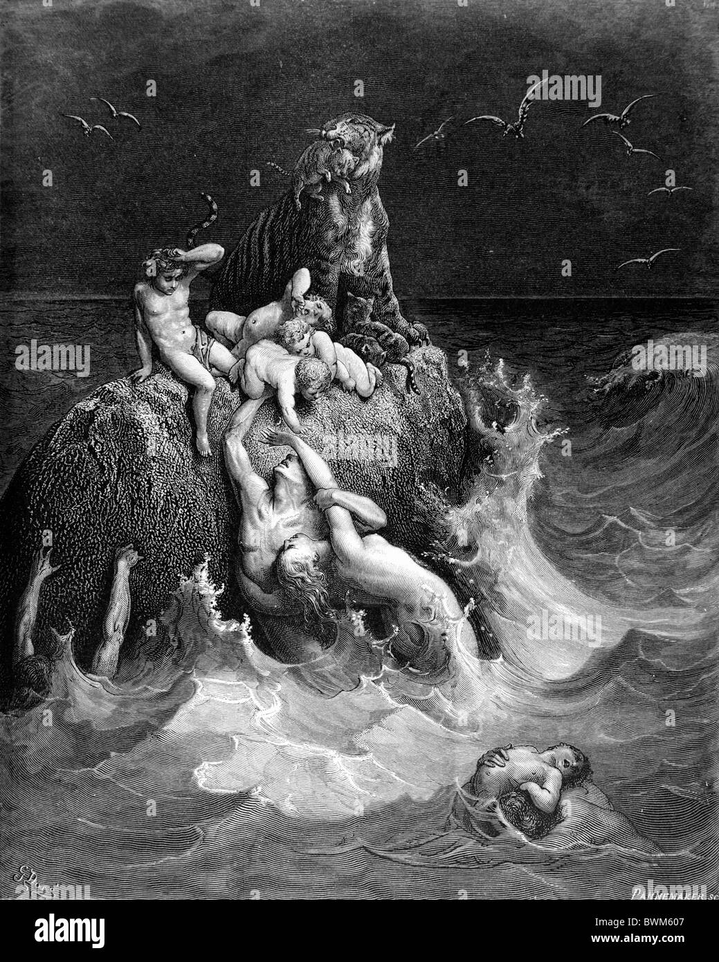 Gustave Doré; Schwarz / weiß Gravur; Die Sintflut; Genesis Bibelstudium Stockfoto