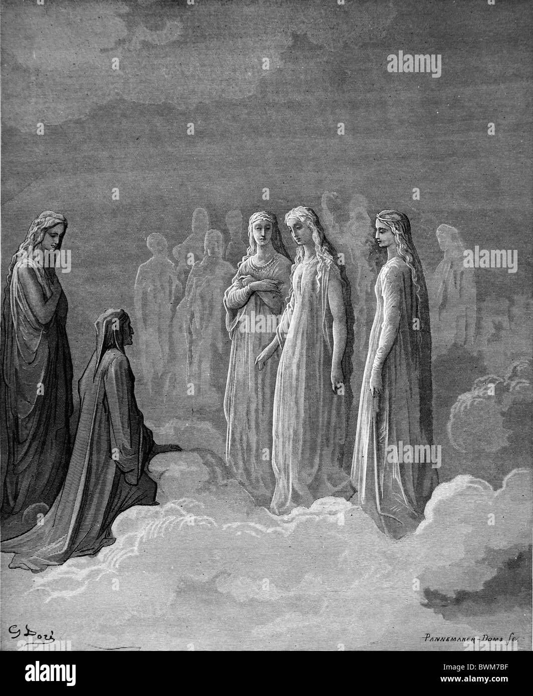Gustave Doré; Schwarz / weiß Gravur; Dante und die Geister des Mondes Stockfoto