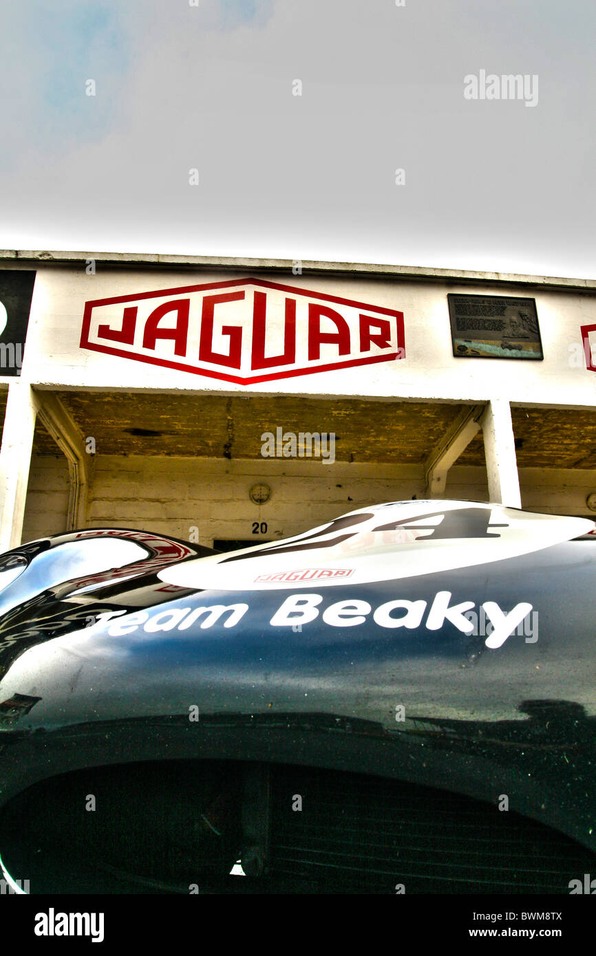 Jaguar E-Type entlang des Mains direkt auf dem Reims-Gueux Circuit in Frankreich während der Ausführung von 2010 Beaujolais Stockfoto