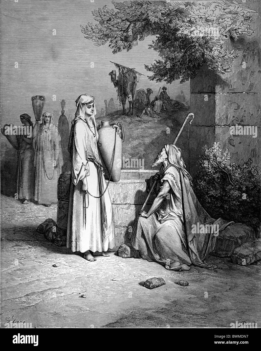 Gustave Doré; Rebecca trifft Eliezer am Brunnen; Eliezer Rebecca testen; Schwarz / weiß-Gravur Stockfoto