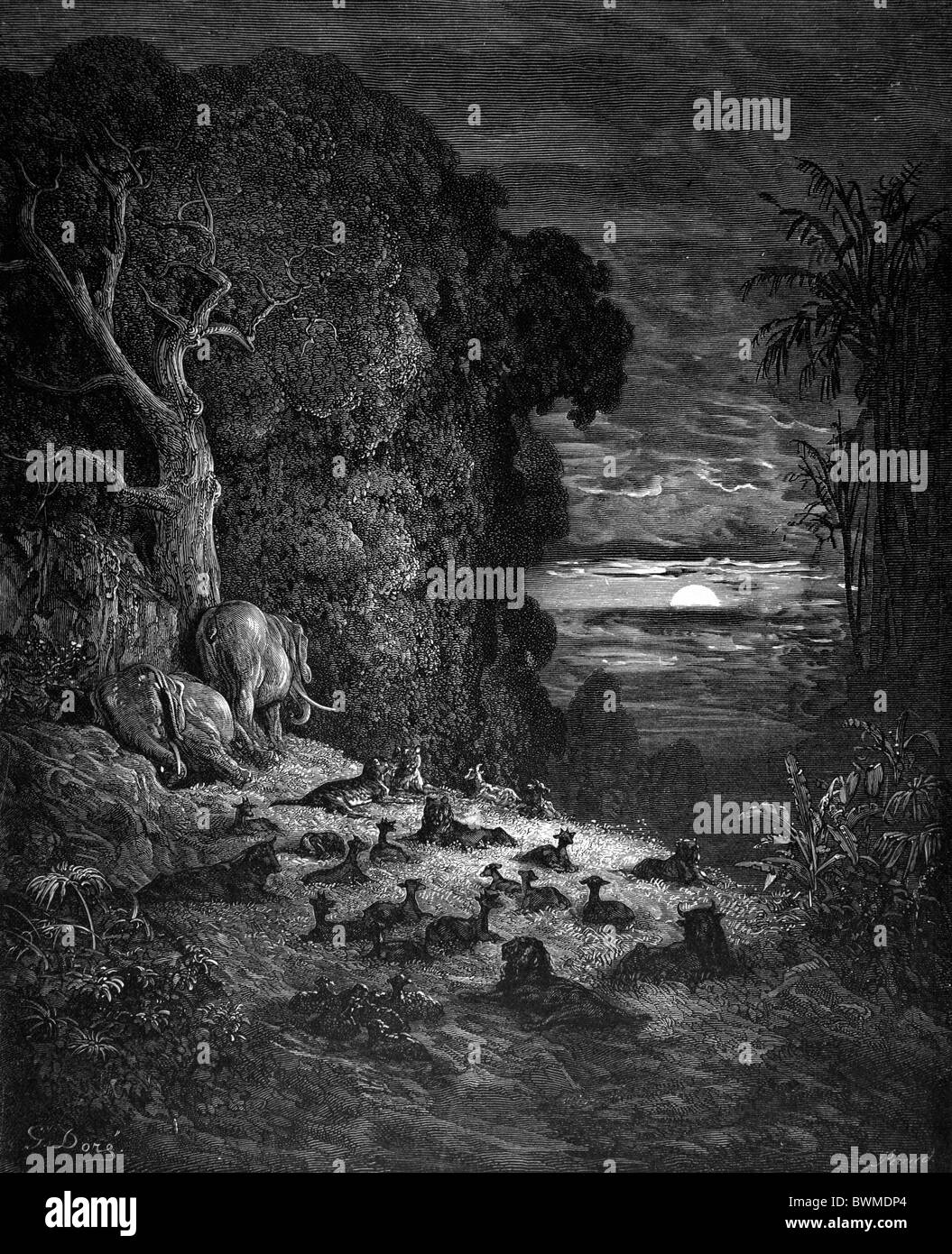 Gustave Doré; Am siebten Abend im Garten Eden; Schwarz / weiß-Gravur Stockfoto