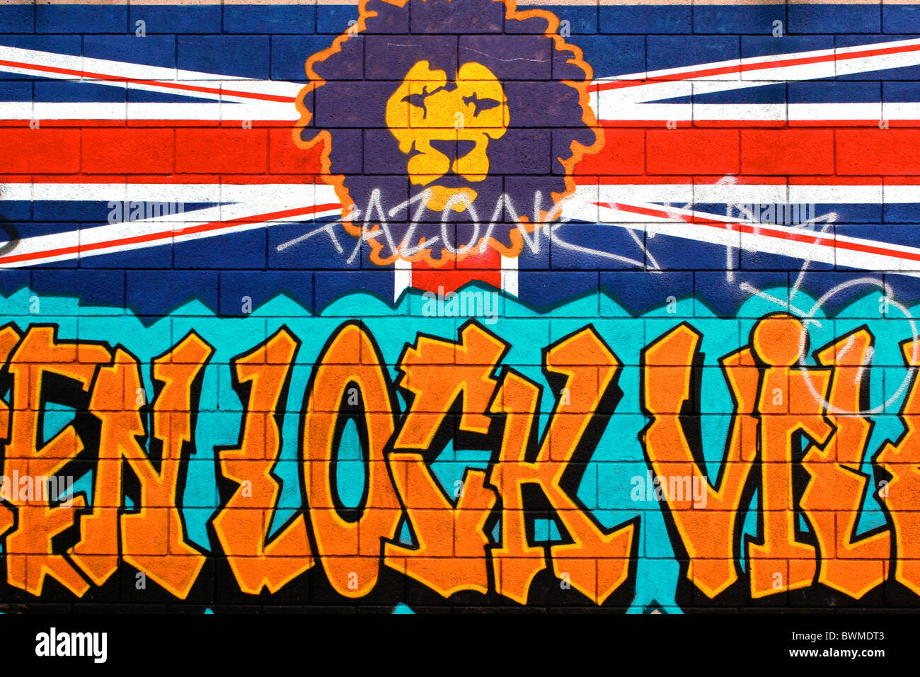 Ein Wandbild eines Löwen auf ein Union Jack-Flagge mit Graffiti Buchstaben unten Stockfoto