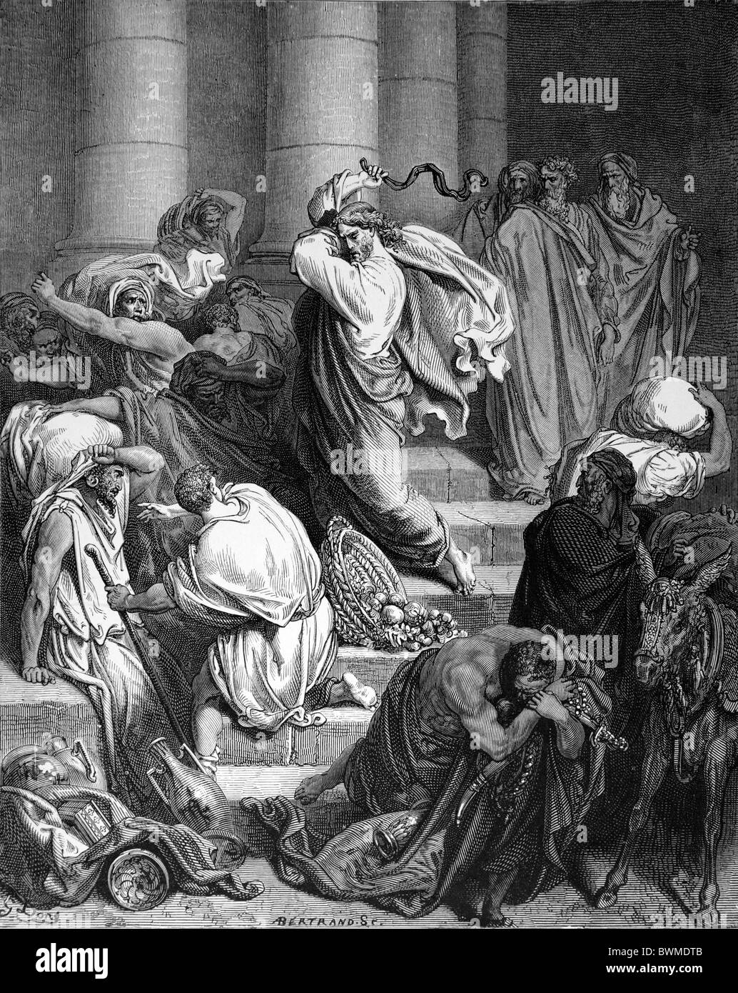 Gustave Doré; Den Käufern und Verkäufern aus dem Tempel vertrieben; Schwarz / weiß-Gravur Stockfoto