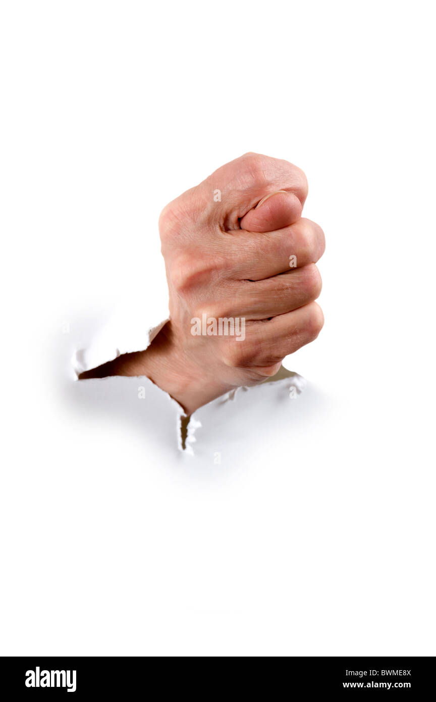 Objekt auf weiß - Mann Hand auf Papier hautnah Stockfoto