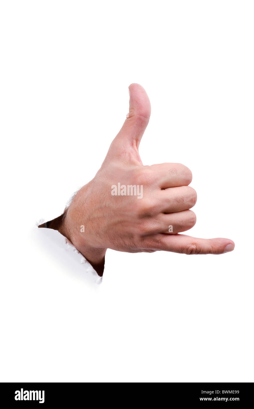 Objekt auf weiß - Mann Hand auf Papier hautnah Stockfoto