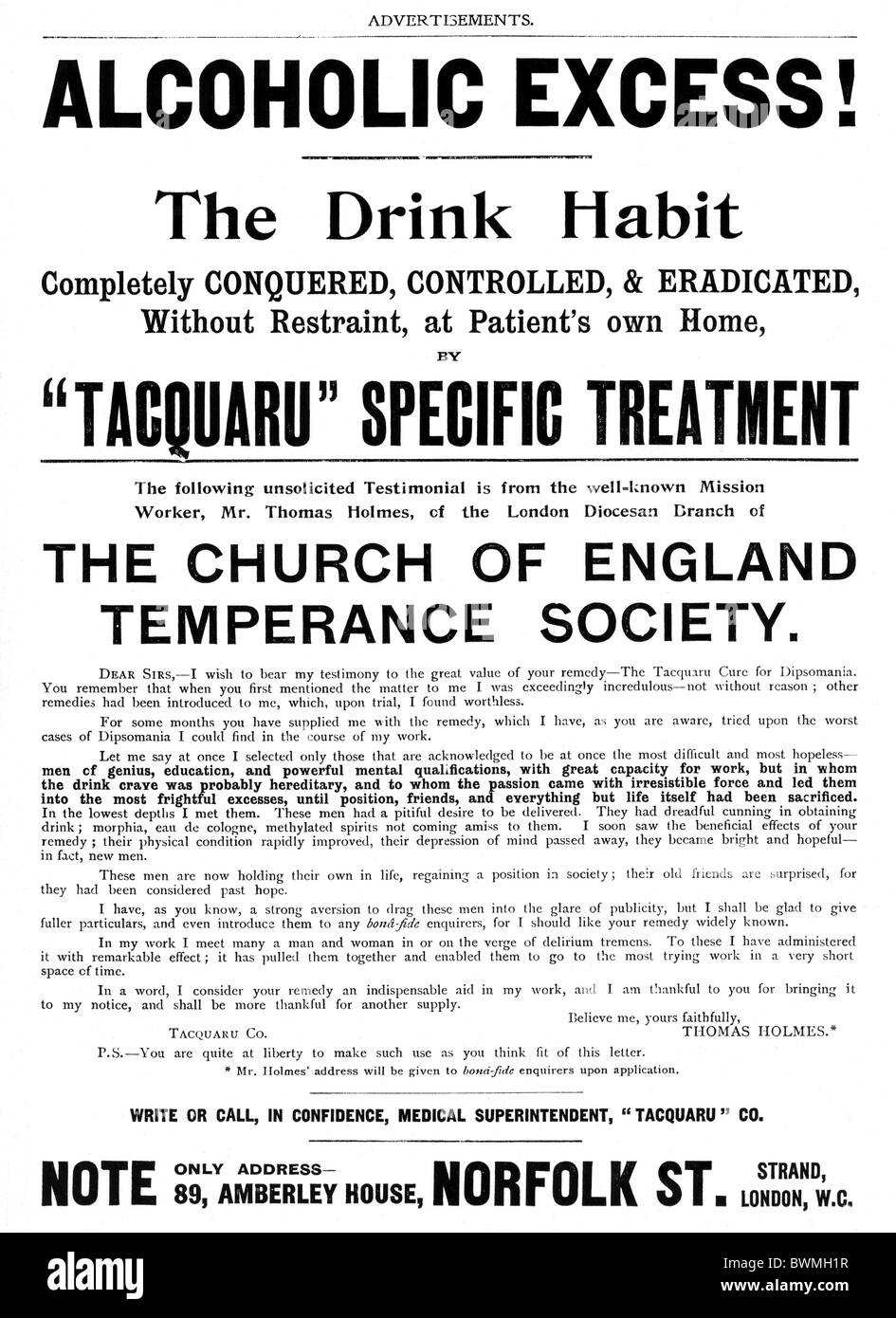 Tacquaru Behandlung, 1901-Anzeige nach einem Heilmittel für alkoholische überschüssige, die trinken Gewohnheit vollständig erobert gesteuert und Stockfoto