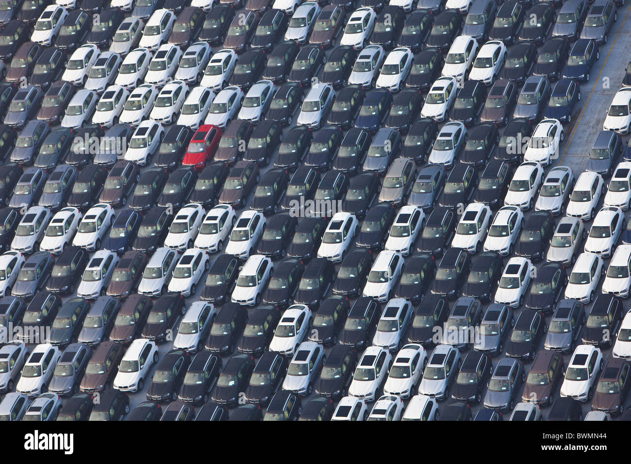 ein rotes Auto unter vielen schwarzen, weißen und grauen Autos in Southampton docks Stockfoto