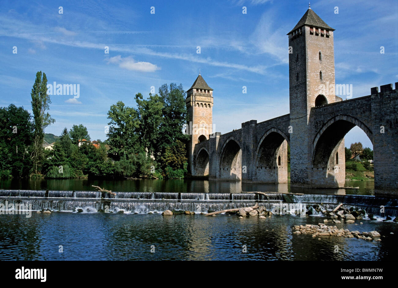 Der Pont Valentre, Fluss Lot, Cahors, Lot, Frankreich. Stockfoto