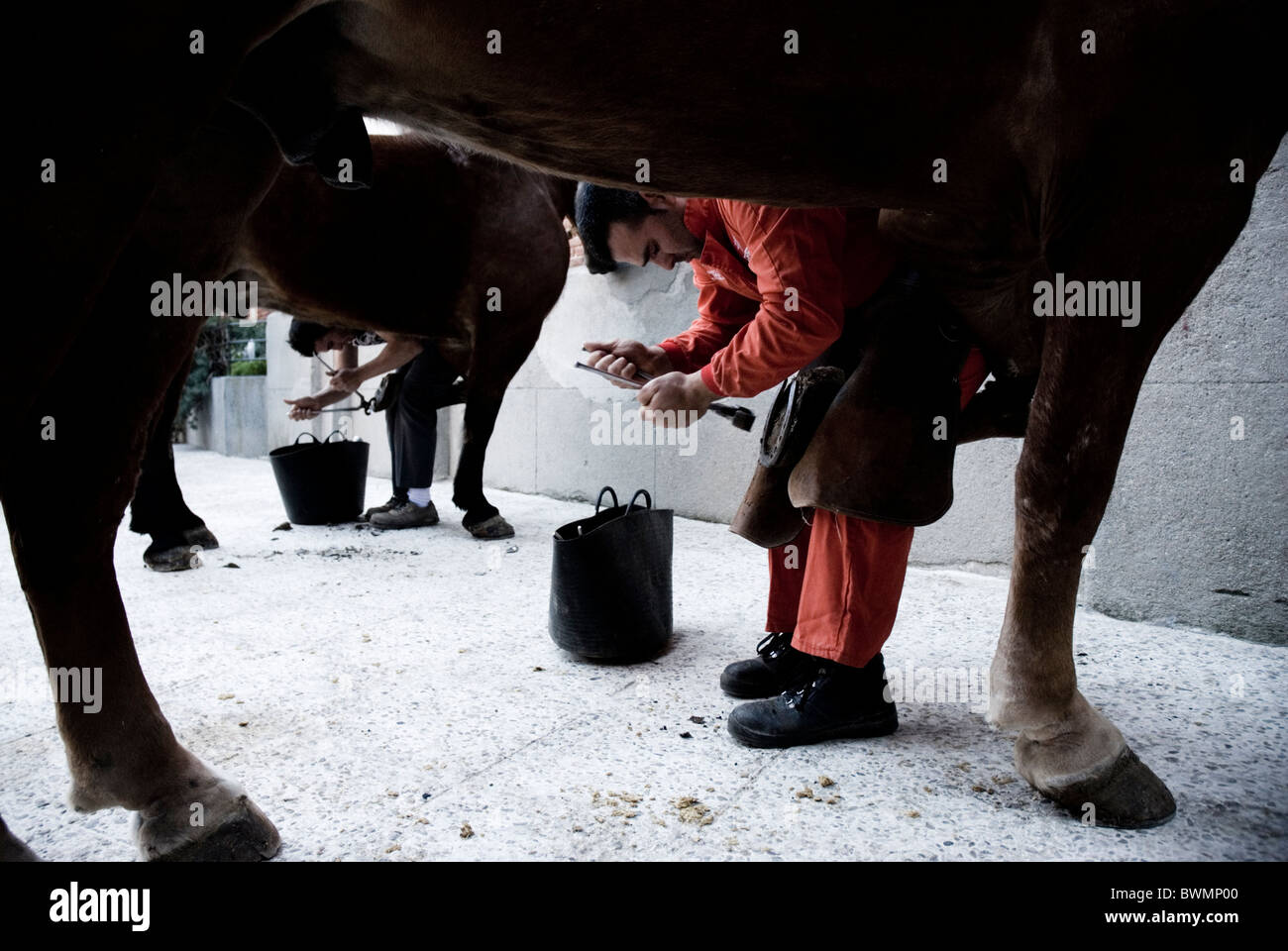 Stierkampf in der Stierkampfarena Las Ventas. Madrid. Spanien. Schmied oder Herrero. Pferd Caballo. Herradura Hufeisen Stockfoto