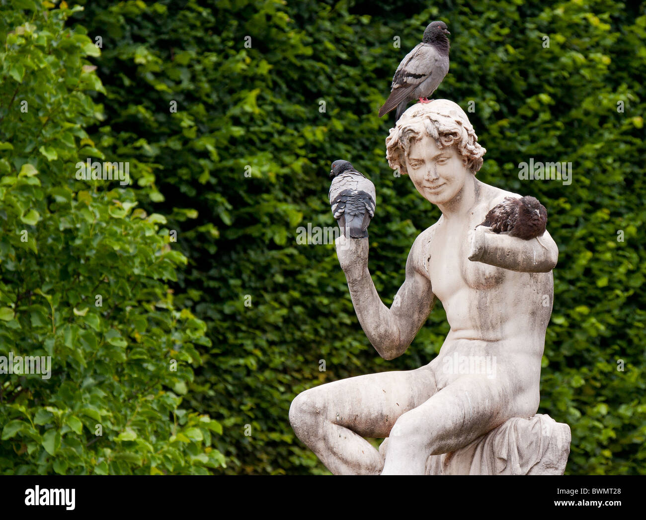 männliche Statue mit 3 Tauben im Jardin du Palais Royal, Paris, Frankreich Stockfoto