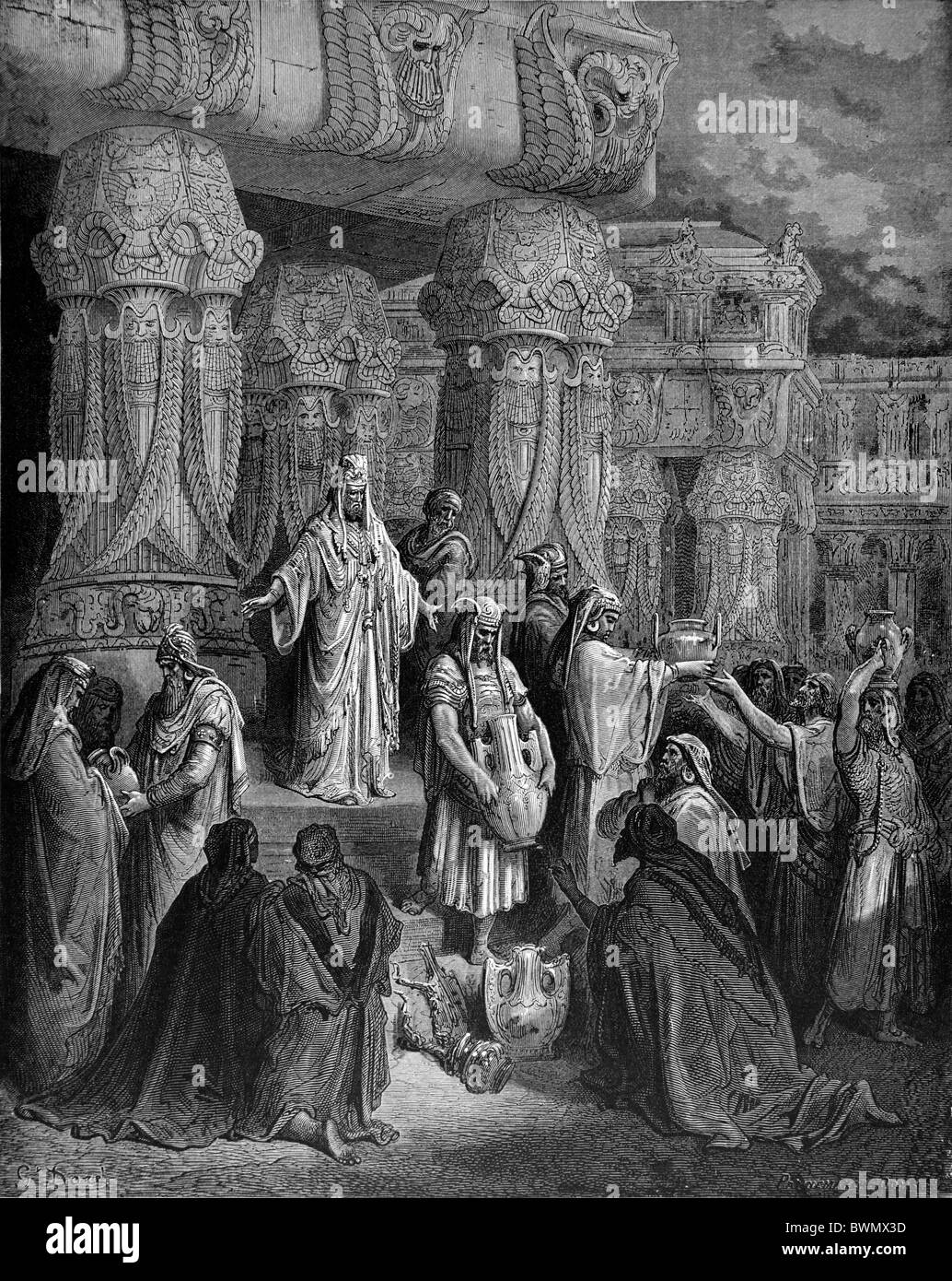 Gustave Doré; Cyrus, König von Persien, Wiederherstellung der Schiffe des Tempels; Schwarz / weiß-Gravur Stockfoto