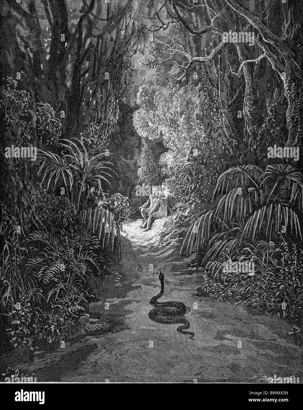 Gustave Doré; Die Schlange nähert sich Adam und Eva im Garten Eden; Schwarz / weiß-Gravur Stockfoto