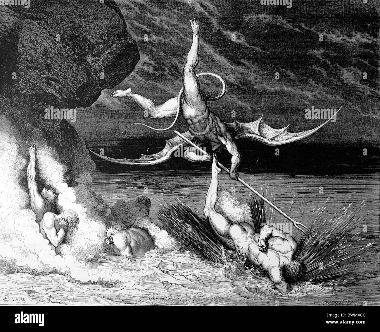 Gustave Doré; Einen Flug und Verfolgung in der Hölle von Dante Aghlieris göttliche Komödie; Schwarz / weiß-Gravur Stockfoto
