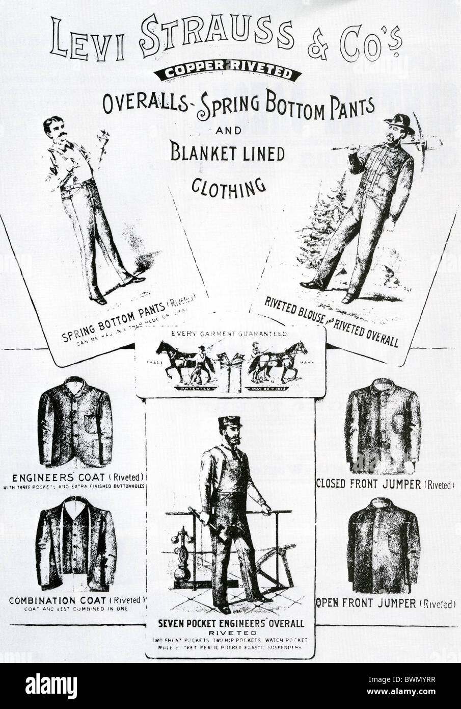 LEVI STRAUSS 1870er Jahren Werbung für verschiedene Kleidung mit der einzigartigen Kupfer-Nieten Stockfoto