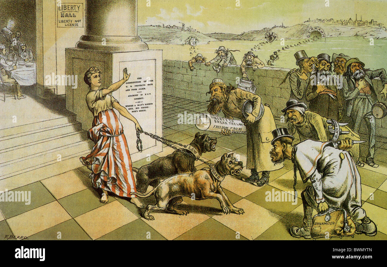 AMERIKANISCHE IMMIGRATION ein 1885 Cartoon zeigt, Columbia und ihre Wachhunde Law &amp; Order unbeschränkten Einwanderung Ablehnung Stockfoto