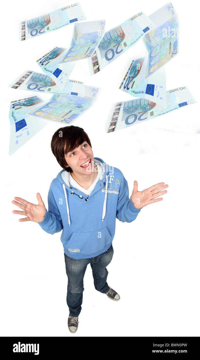Junger Mann in einem Anzug Euro hinunter blickte Stockfoto