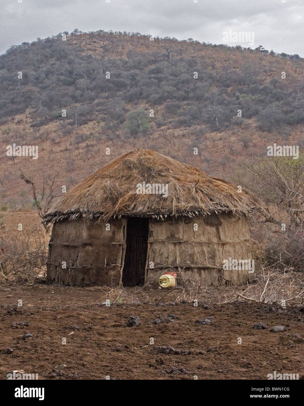 Traditionellen Masai Schlamm und Stroh Hut in Tansania. Stockfoto