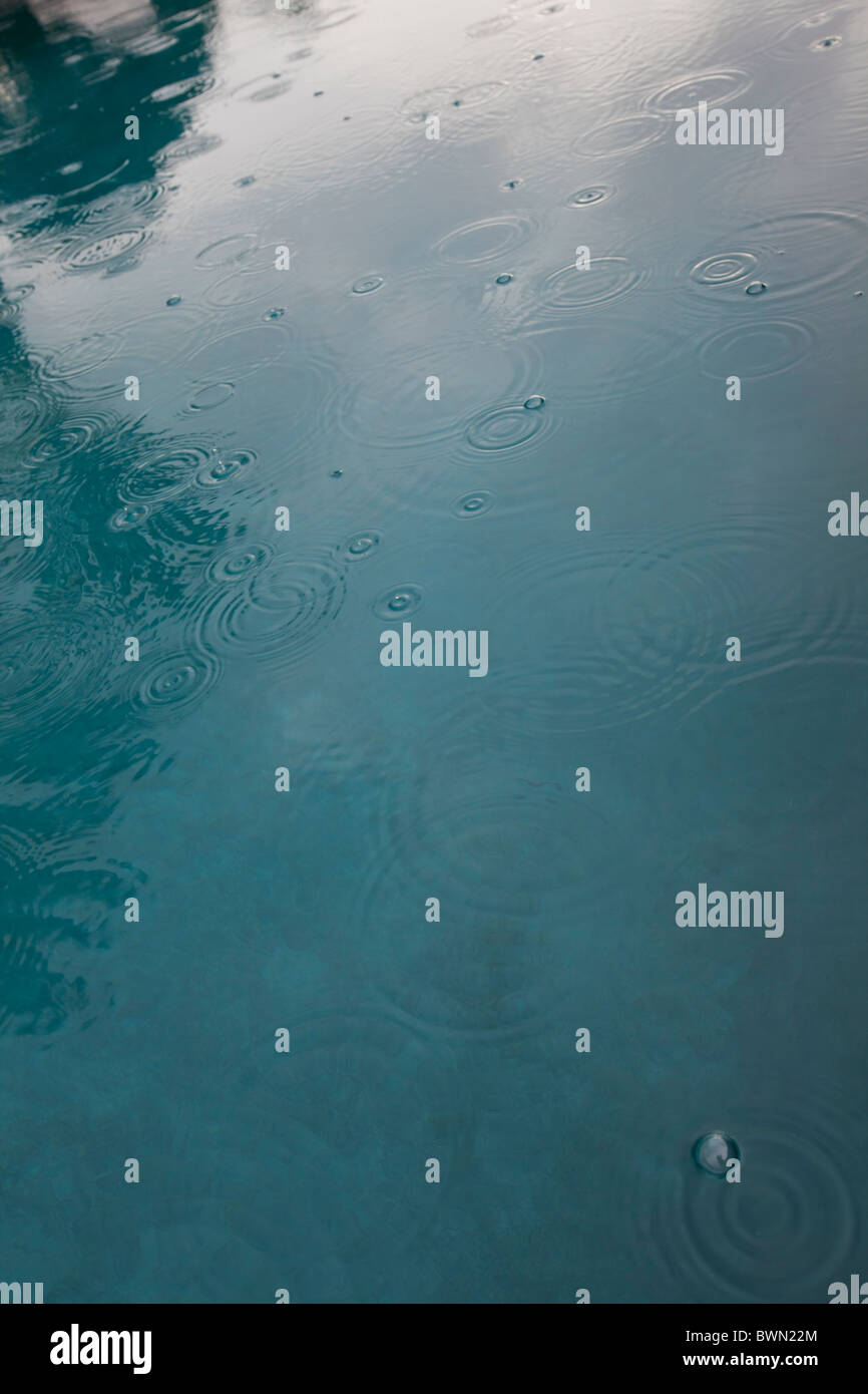 Wassertropfen ein Schwimmbad Oberfläche abprallen, während ein Licht streuen Regen.  Die Reflexion der Palmen vertiefen. Stockfoto