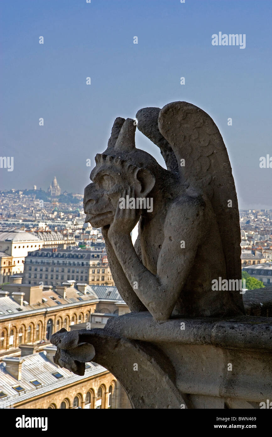 Europa in Paris Stadt Kathedrale Kirche Notre Dame, Ile De La Cite Übersicht übersehen hohen Winkel Gargoyle Stockfoto
