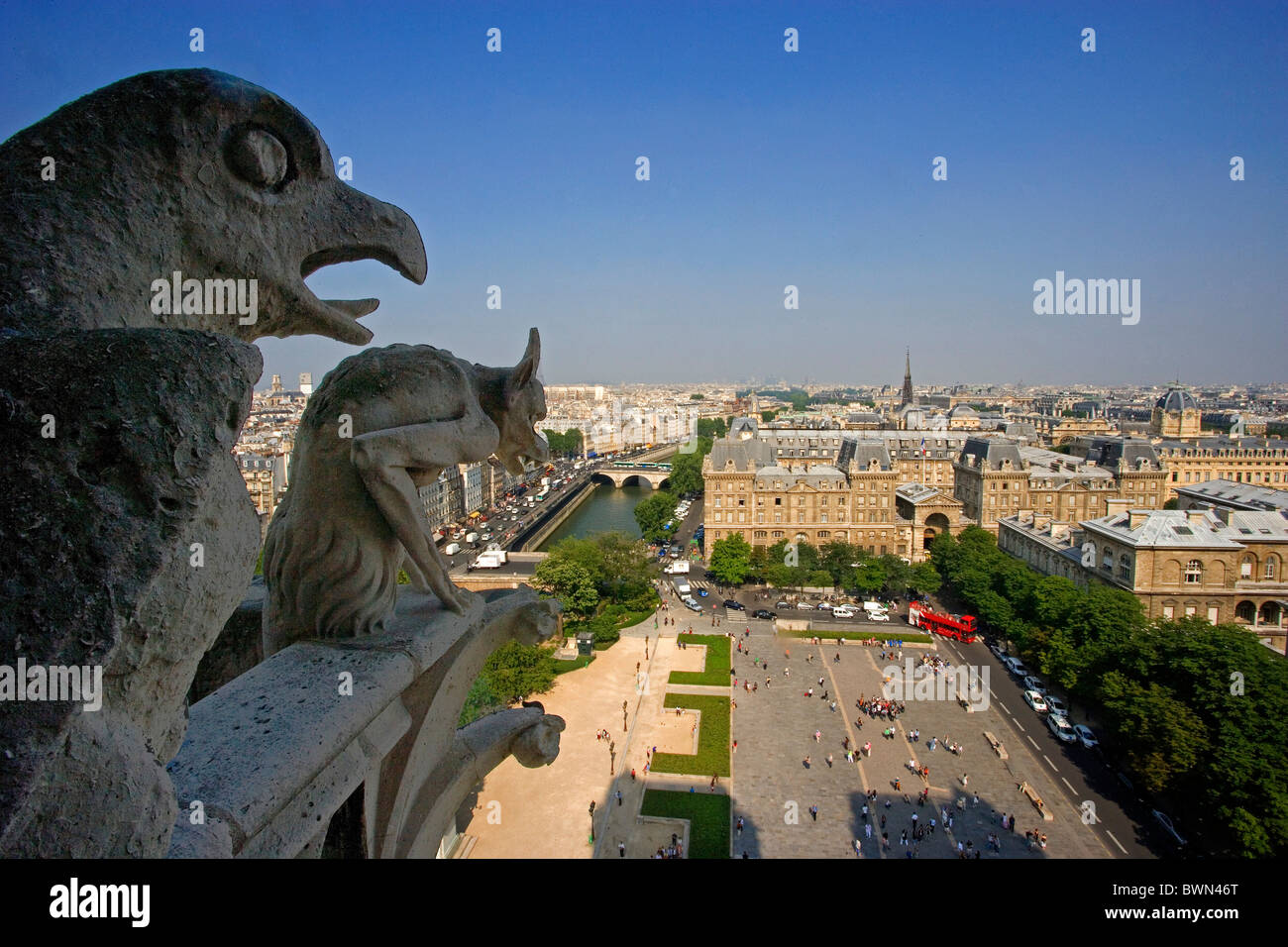 Europa in Paris Stadt Kathedrale Kirche Notre Dame, Ile De La Cite Übersicht übersehen hohen Winkel Fluss Sein Stockfoto