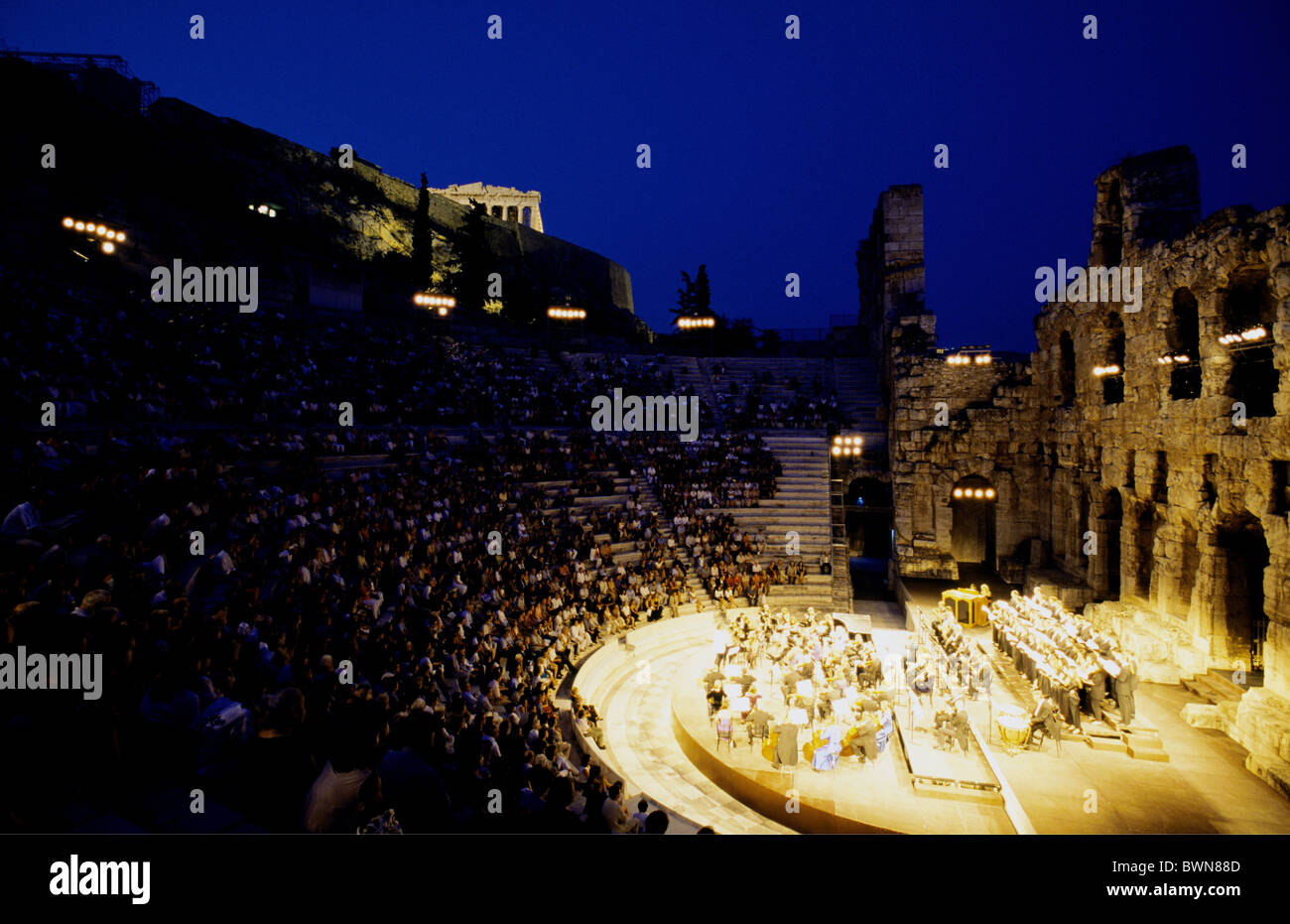 Athen Odeon des Herodes Atticus Theater Griechenland Europa Konzert antiken griechischen Europa Musik Open Air orchester Stockfoto